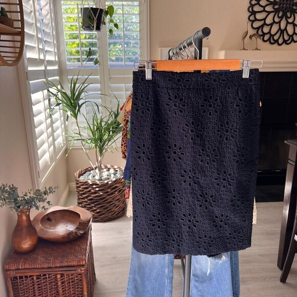 J Crew Skirt Womens SZ 00 Navy Blue No. 2 Pencil Mini Eyelet Lined Cotton Floral - Picture 16 of 16